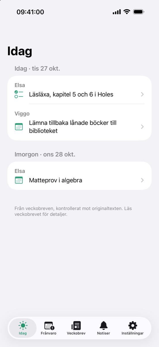 Skärmbild: Idag och imorgon för två barn