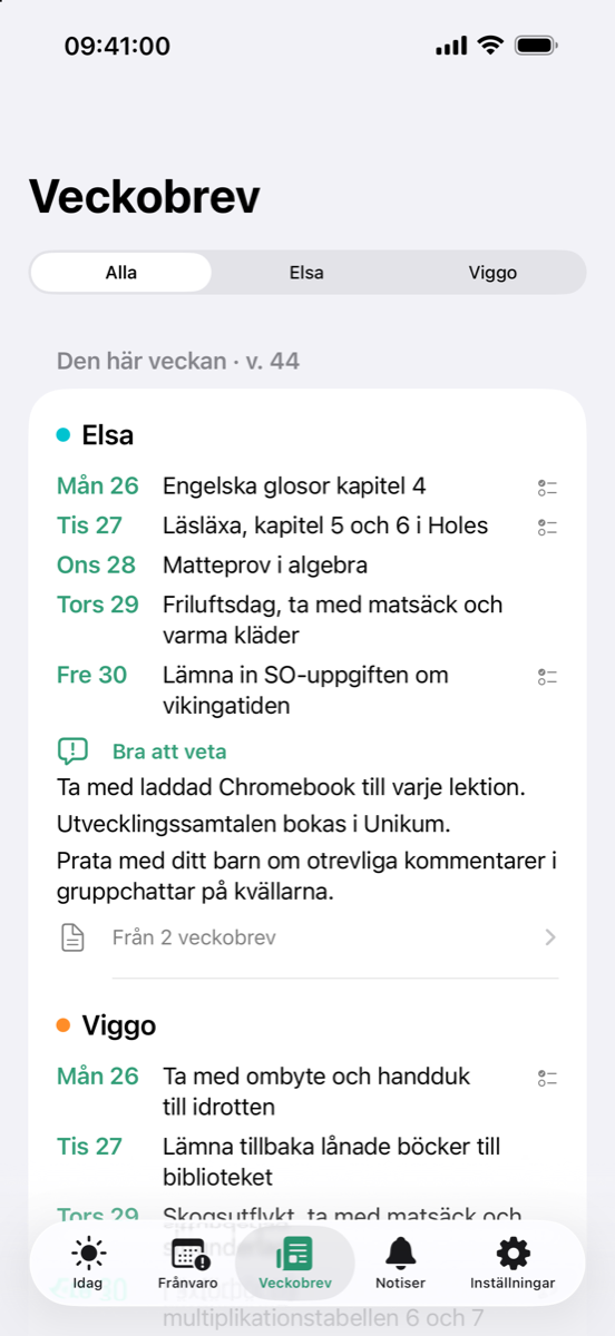 Skärmbild: veckans brev ihopslagna per barn